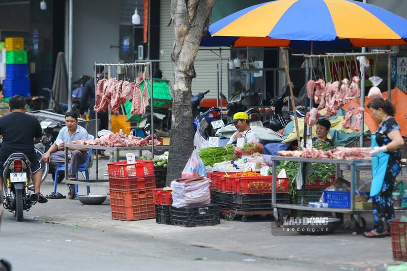 Puntos de comercio espontáneo de carne de cerdo alrededor del mercado mayorista de Binh Dien. Foto: Ha May