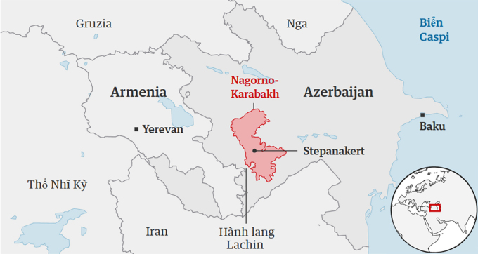 Vị trí Hành lang Lachin nối giữa Armenia và vùng lãnh thổ Nagorno-Karabakh. Đồ họa: Guardian