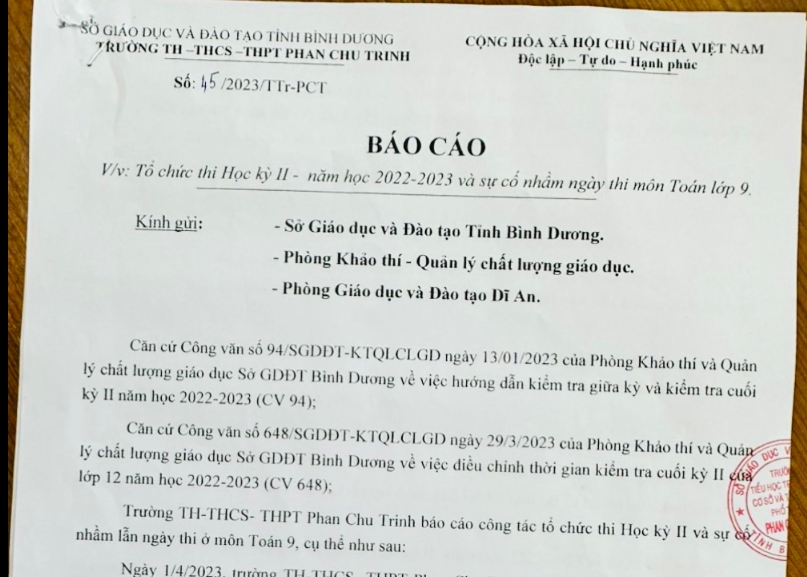 Bình Dương: Một trường tổ chức thi học kỳ nhầm ngày, toàn tỉnh phải thi lại - Ảnh 1.