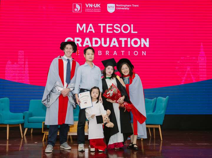 Hong with his family, Dr Samuel Barclay (left) and Dr Amy Wang (right), senior lecturers at Nottingham Trent University.