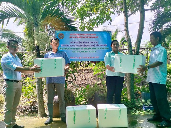 Nông dân xã đảo Thạnh An, huyện Cần Giờ (TPHCM) trao tôm giống hỗ trợ hội viên làm ăn, cùng vươn lên làm giàu ảnh 1