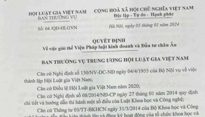 Quyết định giải thể Viện Pháp luật kinh doanh và Đầu tư châu Âu