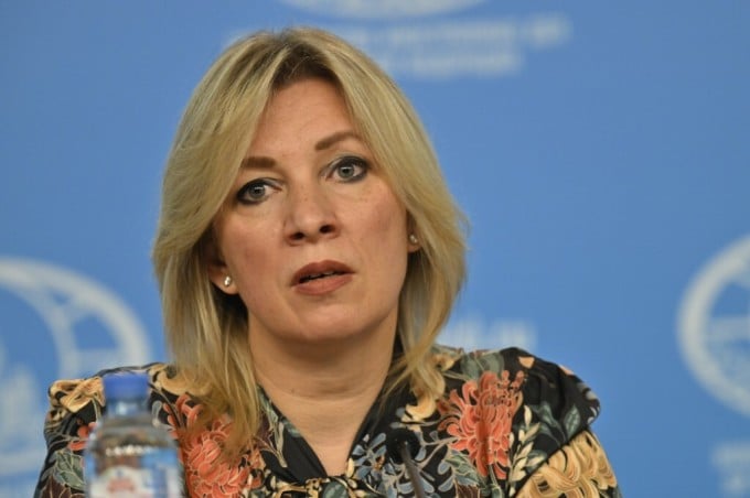 Die Sprecherin des russischen Außenministeriums, Maria Sacharowa, auf einer Pressekonferenz in Moskau im April. Foto: AFP