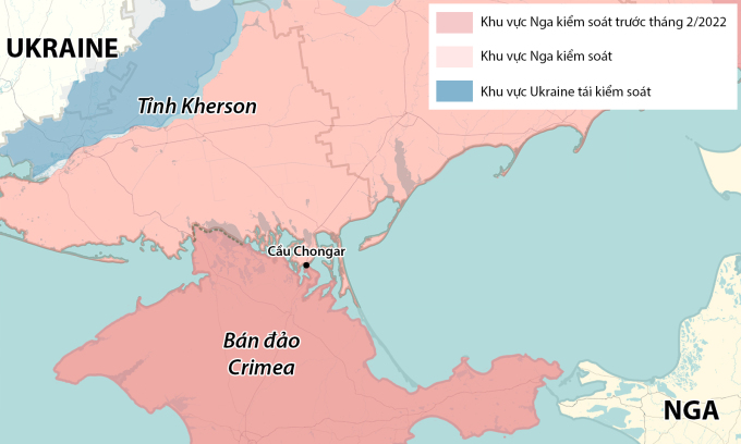 Location of the bridge over the Chongar Strait near the village of the same name in Kherson province. Graphics: RYV