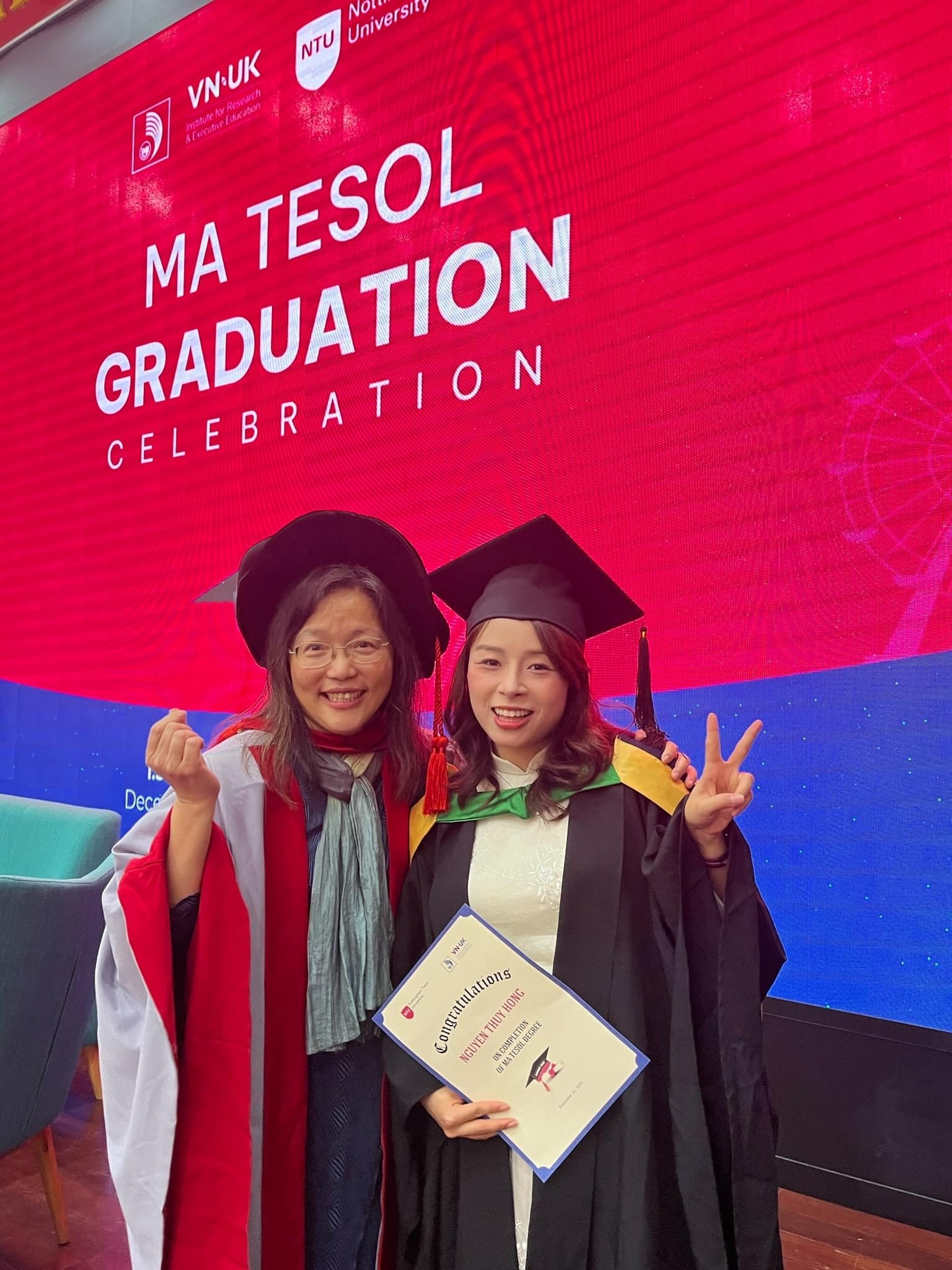 Thuy Hong (right) with Dr. Amy Wang, Head of the TESOL Master's Program at Nottingham Trent University.