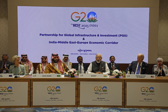 From left, front row: European Commission President Ursula von der Leyen, Saudi Crown Prince Mohammed bin Salman, Indian Prime Minister Narendra Modi and US President Joe Biden at the G20 summit in New Delhi on September 9. Photo: AFP