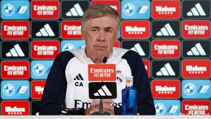 Ancelotti en rueda de prensa en el Bernabéu el 1 de septiembre, antes del partido contra el Getafe de hoy, 2 de septiembre. Foto: realmadrid.com