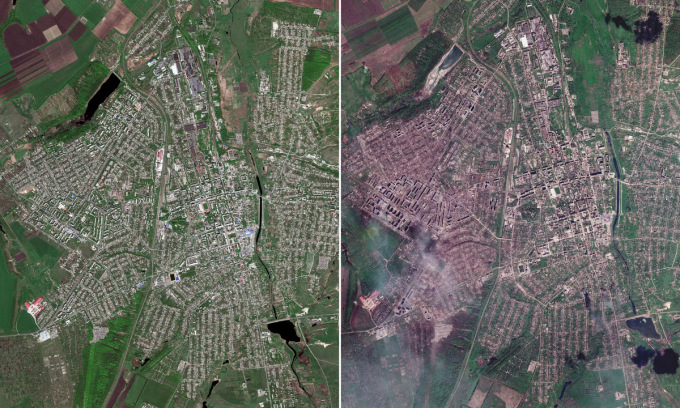 Vue panoramique de la ville de Bakhmut en mai 2022 (à gauche) et mai 2023. Photo: Maxar