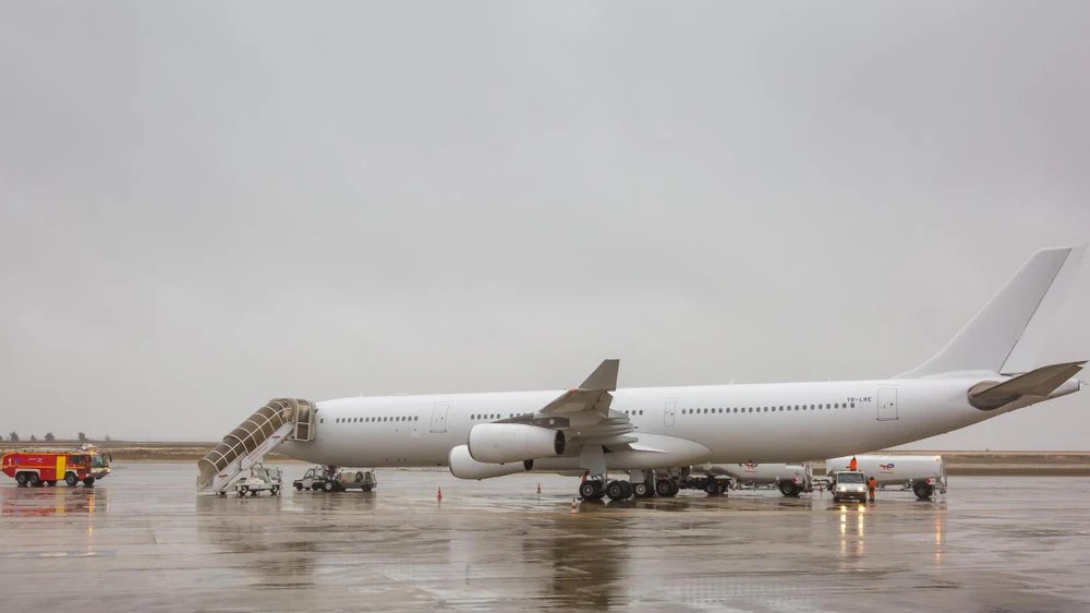 The A340, operated by Romania's Legend Airlines, remains on the runway at Vatry airport pending investigation. Photo: AIRLIVE.NET