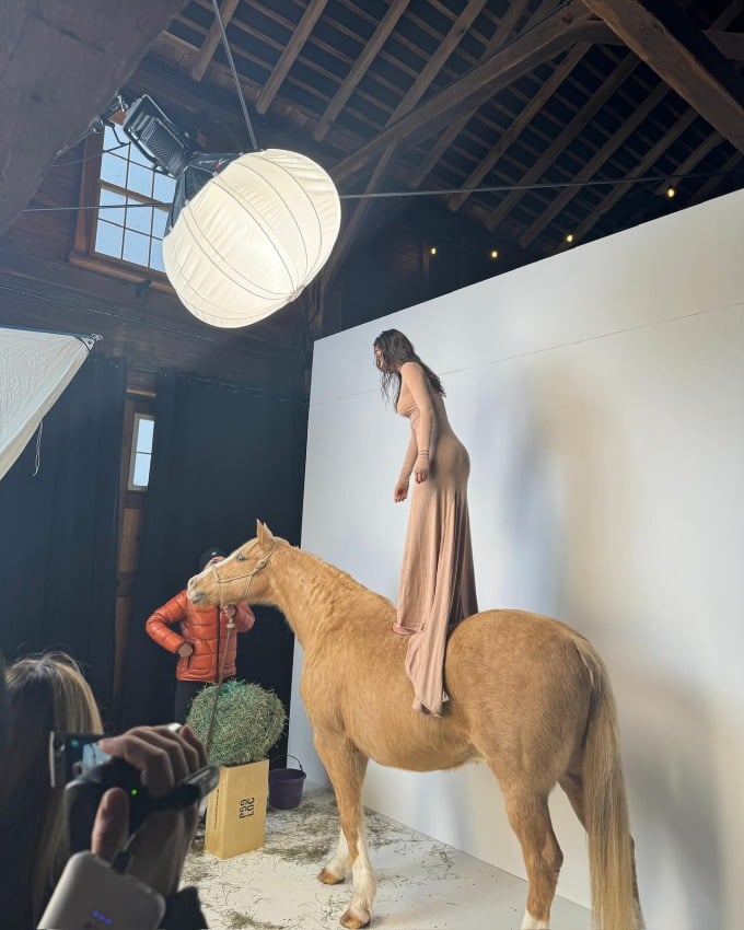 Top model debout à cheval pendant une séance photo. Photo : Instagram de Bella Hadid