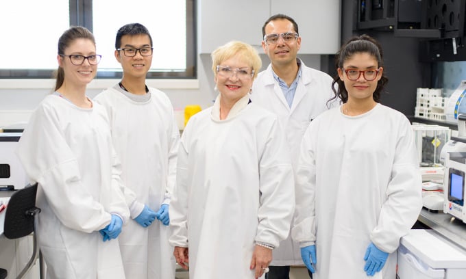 Grupo de investigación de materiales antibacterianos mecánicos multifuncionales (de izquierda a derecha), Denver Linklater, Le Hoang Phuc, Elena Ivanova, Arturo Aburto-Medina, Karolline De Sousa. Foto: Universidad RMIT