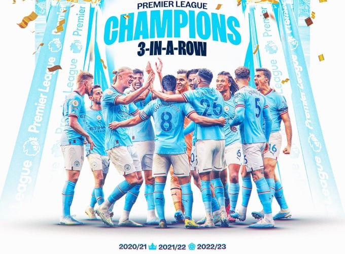 โปสเตอร์ฉลองแชมป์พรีเมียร์ลีกสมัยที่ 3 ติดต่อกันของแมนฯซิตี้ ภาพ: MCFC