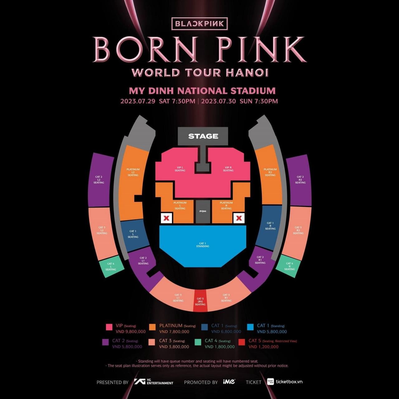 Map and ticket prices for Blackpink's Born Pink concert in Hanoi. Photo: YG