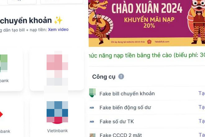 Phần mềm facebillck có thể làm biên lai chuyển khoản giả, làm giả biến động số dư, số dư tài khoản, căn cước công dân 2 mặt giả... Ảnh: Thu Giang