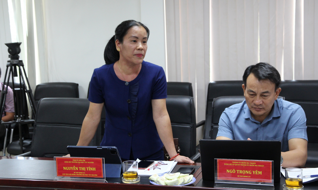 Comrade Nguyen Thi Tinh, Party Secretary, Chairwoman of the Council of Tay Nguyen University contributed her opinions at the meeting.