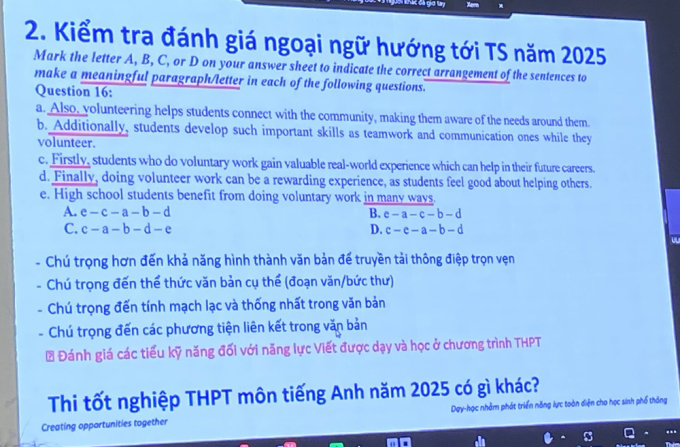 ប្រភេទលំហាត់ដែលអ្នករៀបចំប្រយោគដើម្បីបង្កើតជាកថាខណ្ឌ ឬលិខិតដែលមានអត្ថន័យត្រូវបានបញ្ចូលក្នុងរូបភាពឆ្នាំ 2025 រូបថត៖ Binh Minh