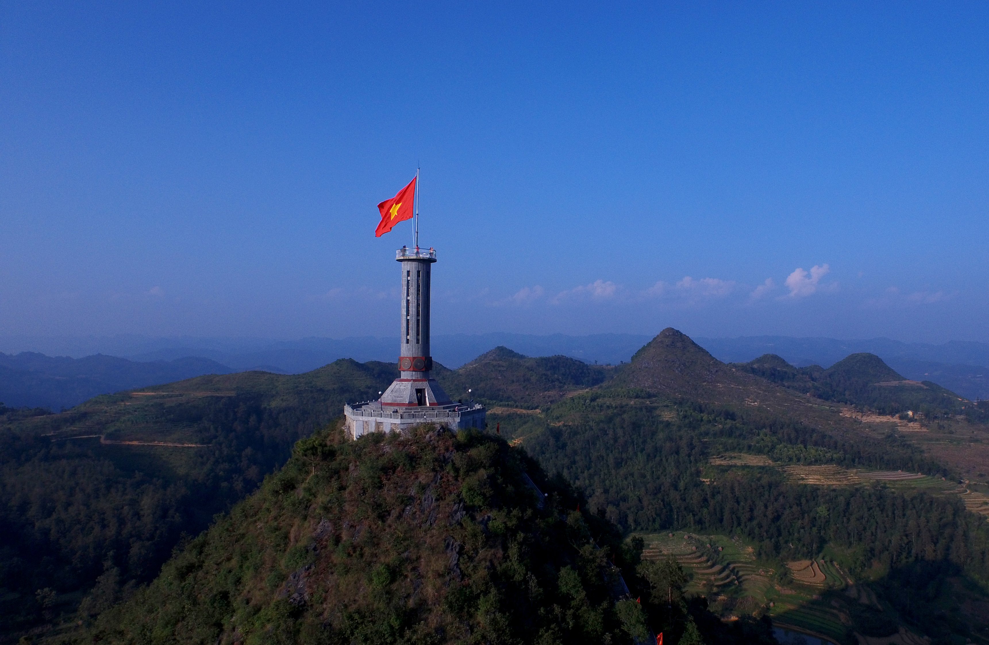 The sacred Lung Cu flagpole on top of Dragon Mountain, Ha Giang