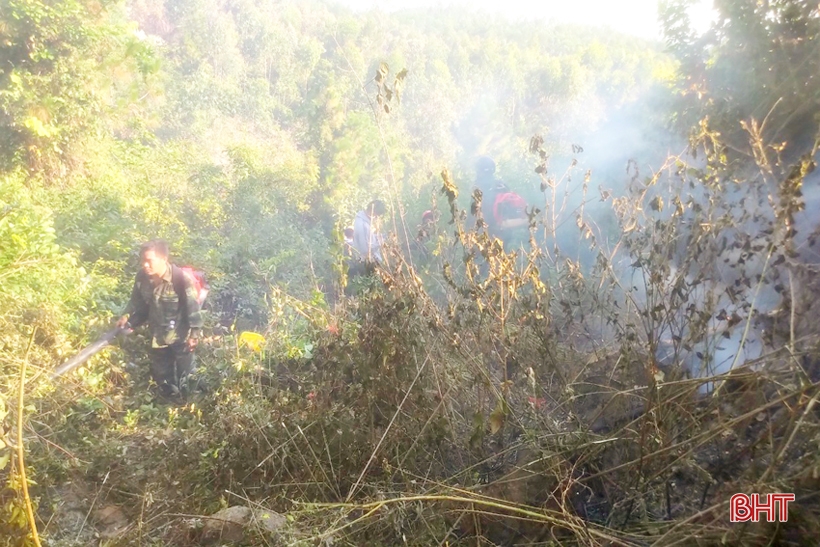 Loc Ha movilizó a 450 personas para extinguir un incendio forestal en la montaña Hong Linh