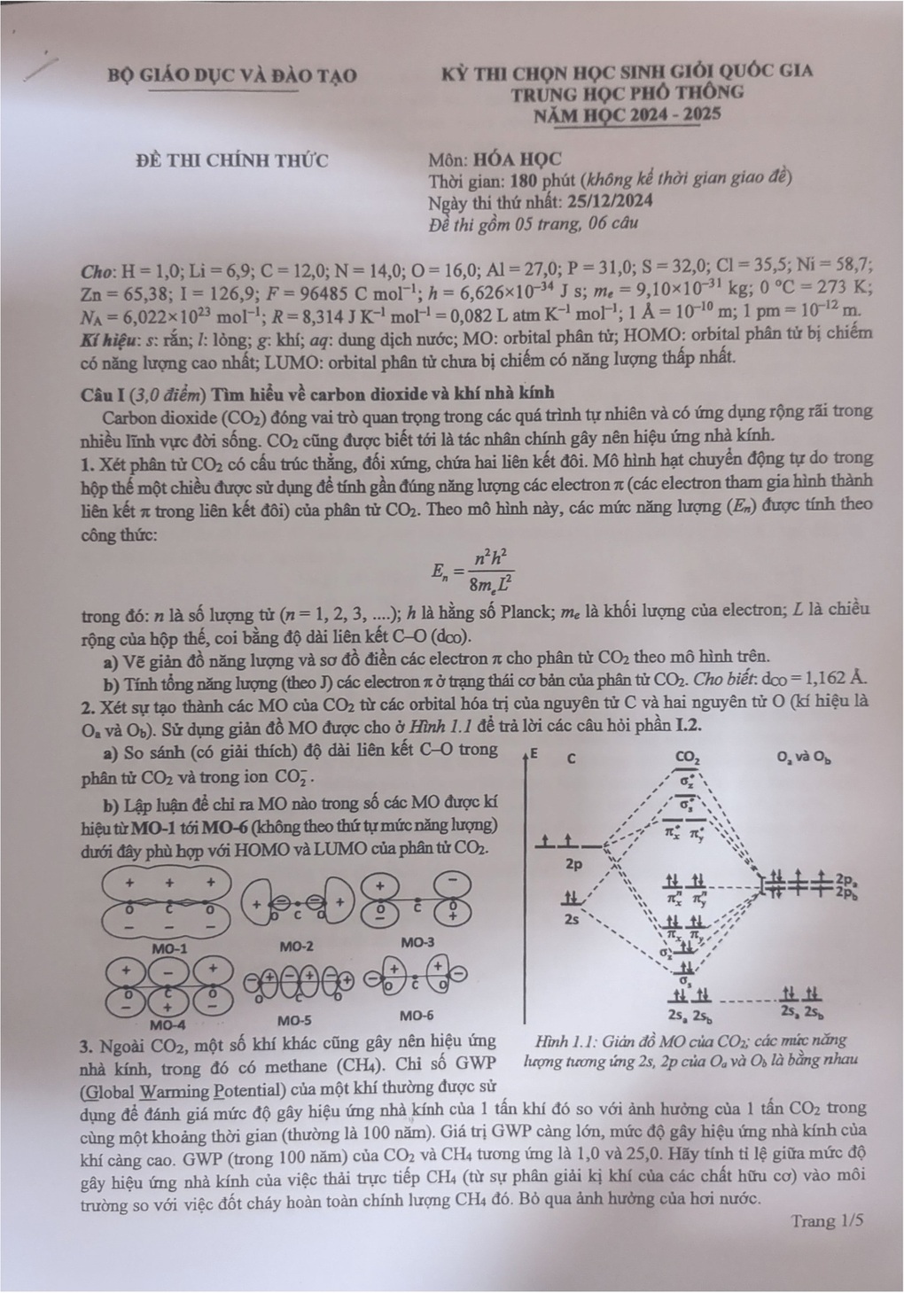 Đề thi học sinh giỏi quốc gia môn hóa học dài 5 trang giấy - 1