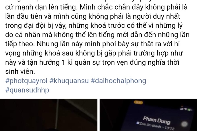 Bài viết tố cáo cán bộ Trung tâm Giáo dục quốc phòng an ninh sinh viên của Trường Đại học Hải Phòng quấy dối tình dục trên mạng xã hội. Ảnh Chụp màn hình.