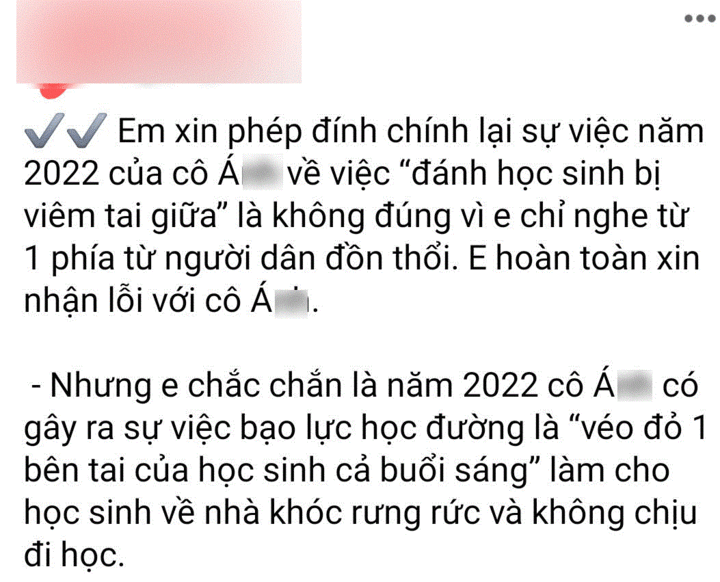 Nội dung được phụ huynh đính chính trên Facebook (Ảnh chụp màn hình).