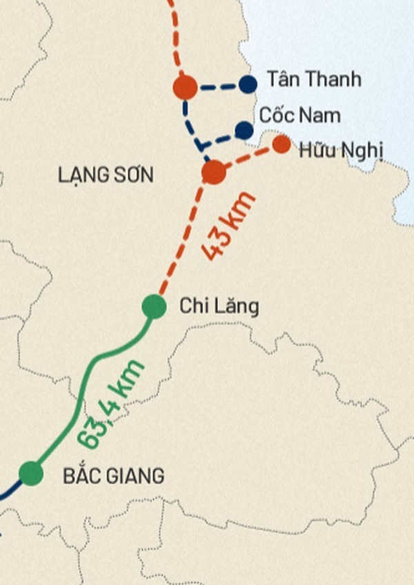 チラン・ヒューギ高速道路（赤）とコックナムとタンタン国境ゲートへの接続道路はまだ完成していない。展開され、バクザン-チラン高速道路区間（緑）は完成しました。グラフィック: Tien Thanh。