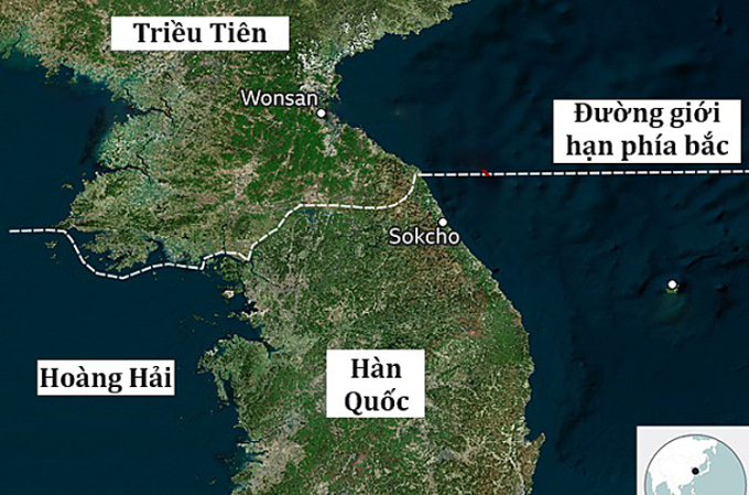 Đường giới hạn phía bắc (NLL) và vị trí thành phố Sokcho của Hàn Quốc. Đồ họa: BBC