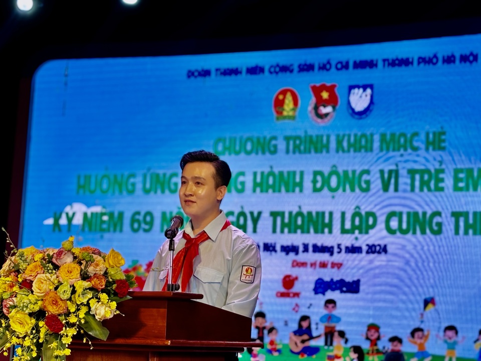 Phó Bí thư Thành đoàn, Chủ tịch Hội đồng Đội TP Hà Nội Đào Đức Việt phát biểu khai mạc Hè 2024