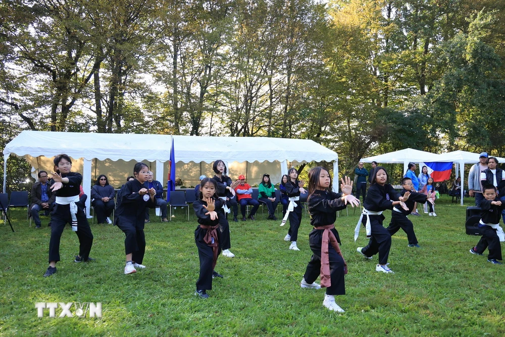 Kinder der vietnamesischen Delegation in Genf führen beim Festival traditionelle Kampfkünste vor. (Foto: Anh Hien/VNA)