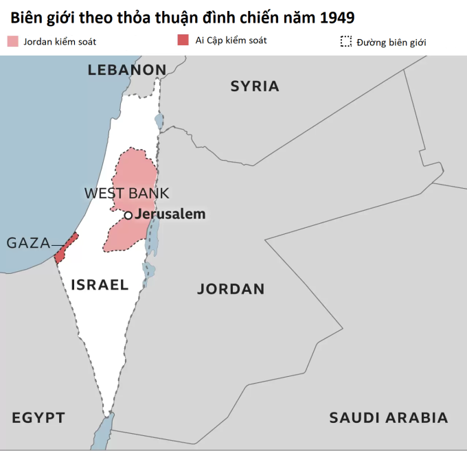 1949年の休戦協定に基づくイスラエル、ガザ、ヨルダン川西岸の境界線。画像：BBC