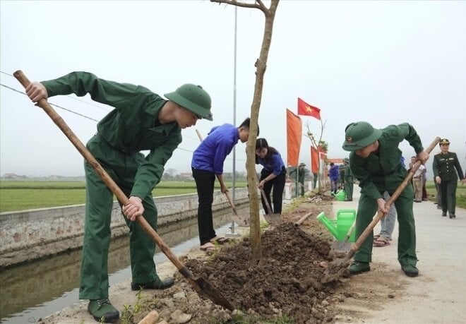 Jugendliche aus dem Bezirk Yen Mo pflanzten Bäume entlang der Straße „Solidarität zwischen Armee und Volk“. (Foto: Nguyen Minh)