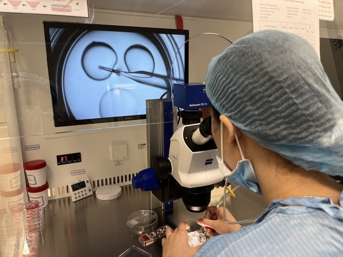 An embryologist performs intracytoplasmic sperm injection (ICSI) during in vitro fertilization (IVF). Photo: Hoai Thuong