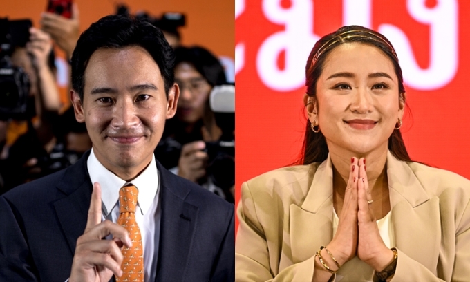 前進党のピタ・リムジャルーンラット党首（左）とタイ貢献党のパエトンターン・シナワット代表。写真：AFP