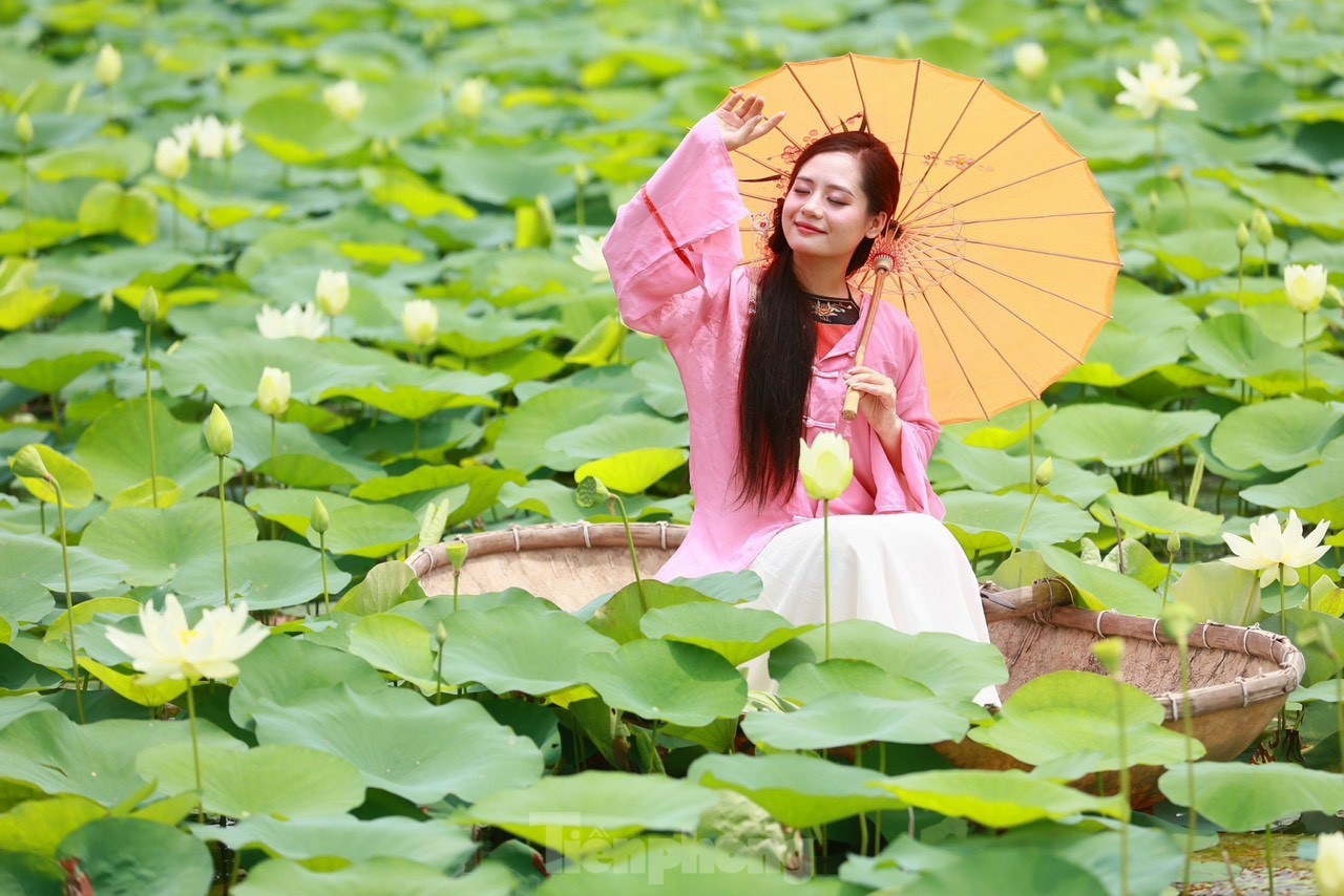 Des jeunes portant l'Ao Dai prennent des photos à côté de fleurs de lotus blanches, photo 11