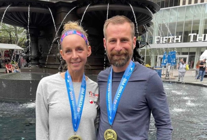 Baude (left) and Cavanaugh after completing one marathon in a series of 12 they plan to run this year in the 1K12M challenge.