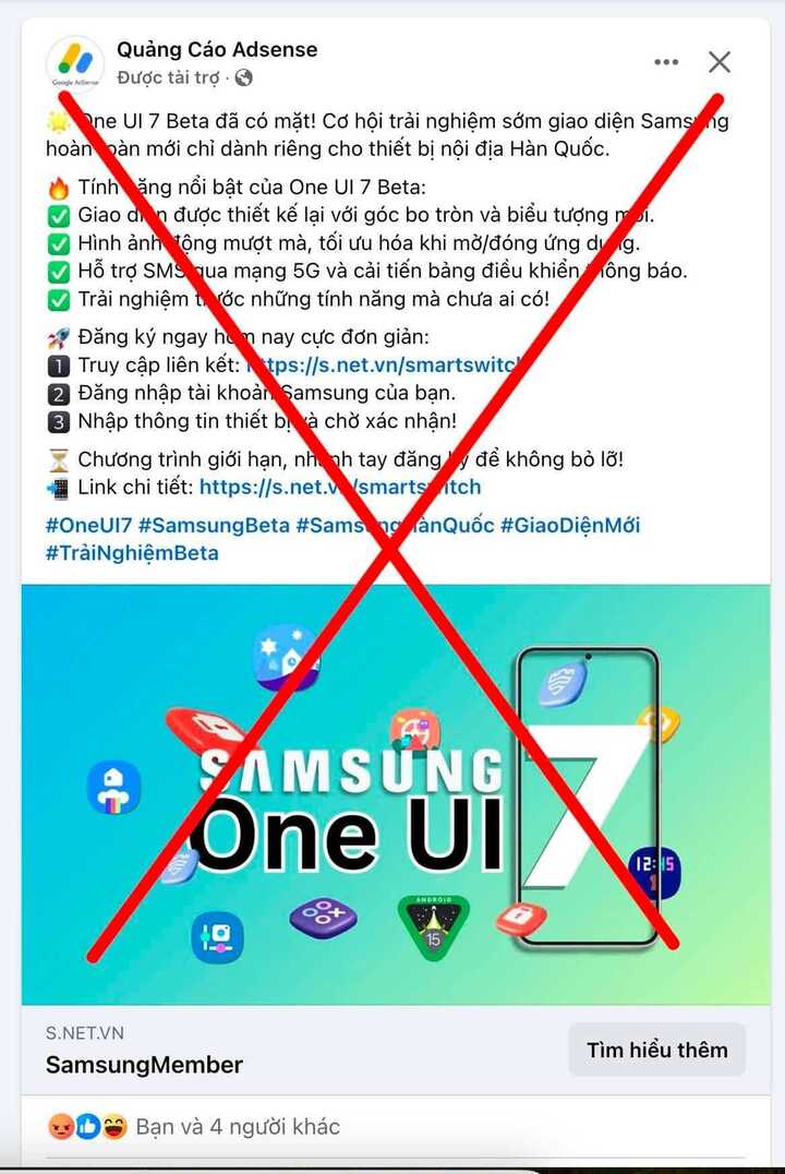 Một trang Facebook chạy quảng cáo đường link giả mạo chương trình thử nghiệm OneUI 7 Beta của Samsung.