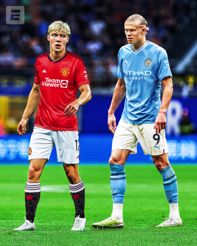 Hojlund and Haaland in Man Utd and Man City shirts in the Premier League. Photo: ESPN