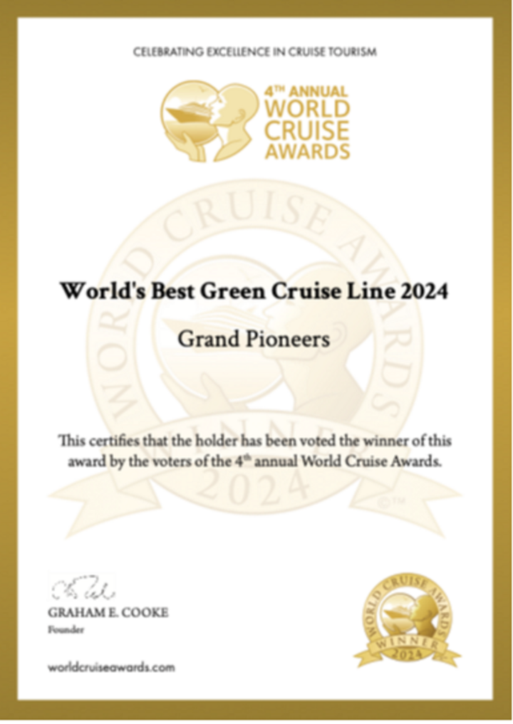 Grand Pioneers wins prestigious award “Best Green Cruise Line 2024”.