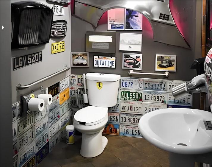 Maximilian Motorsports restroom in Chehalis, Washington, features a sink and faucet repurposed from a Peugeot race car. (Photo: Cintas)