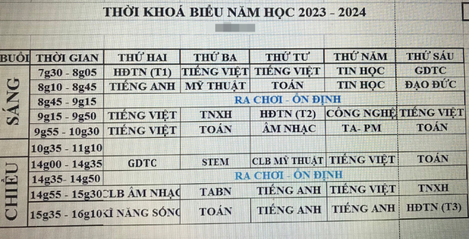 Thời khóa biểu có các tiết liên kết của một học sinh lớp 3 tại TP HCM. Ảnh: Nhân vật cung cấp