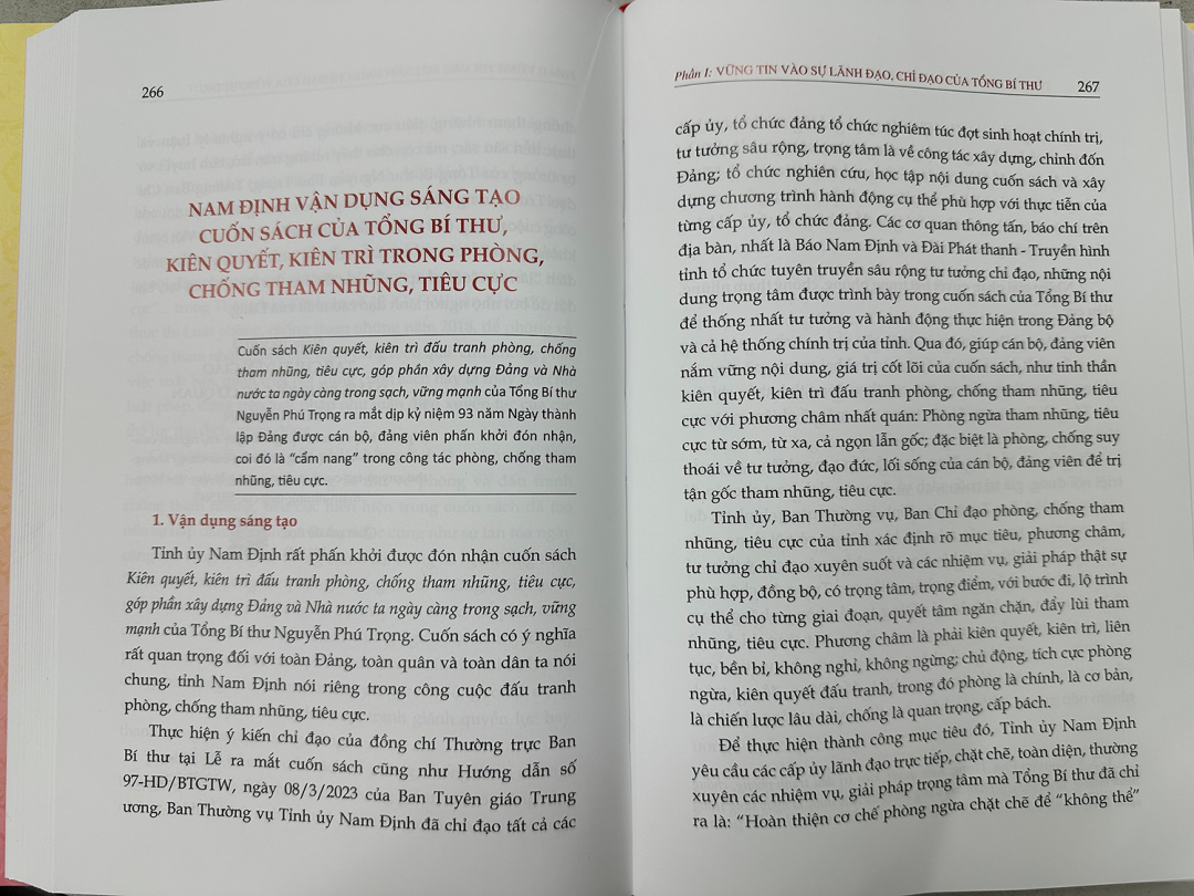 The article Nam Dinh creatively applies the General Secretary's book, resolutely and persistently in preventing and combating corruption and negativity by comrade Pham Gia Tuc, member of the Party Central Committee, Secretary of Nam Dinh Provincial Party Committee.