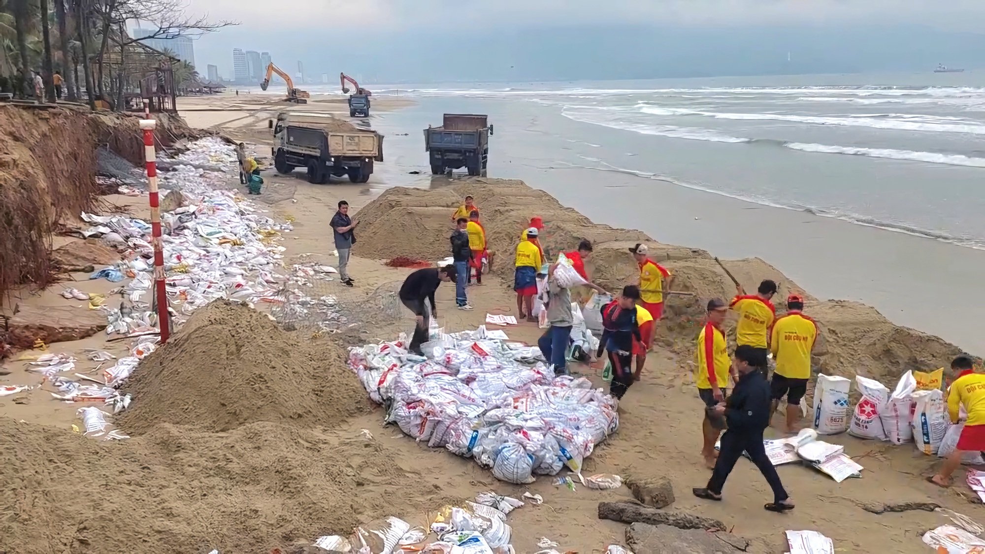 Hàng trăm người dựng kè ngăn sạt lở 