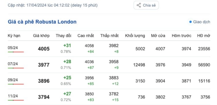 Giá cà phê hôm nay, 17/4/2024: Giá cà phê trong nước tiếp tục tăng