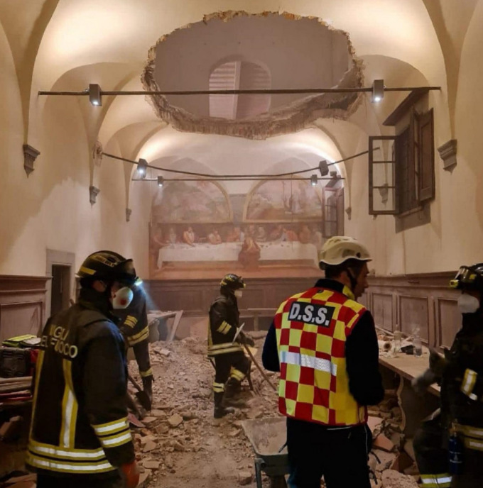 Scene of the wedding hall floor collapse in Pistoia city, Italy, on January 13. Photo: TG24