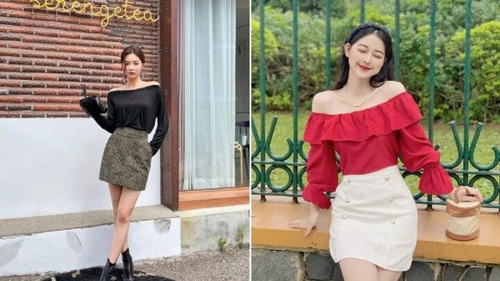 オフショルダーシャツとツイードスカートの組み合わせは、女性らしく甘い美しさをもたらします。