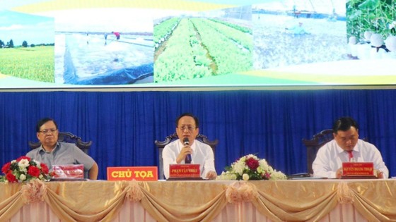 Le président du Comité populaire provincial de Bac Lieu, Pham Van Thieu (au milieu), dialogue avec les agriculteurs