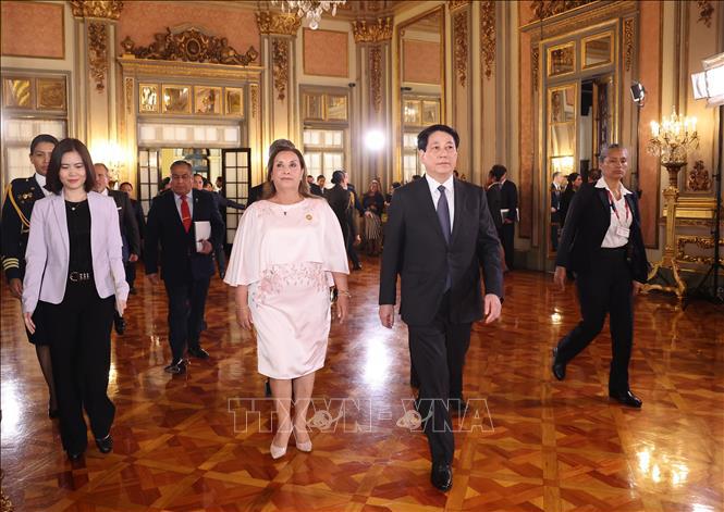 Le président Luong Cuong et la présidente péruvienne Dina Ercilia Boluarte Zegarra sont arrivés pour des entretiens. Photo : VNA