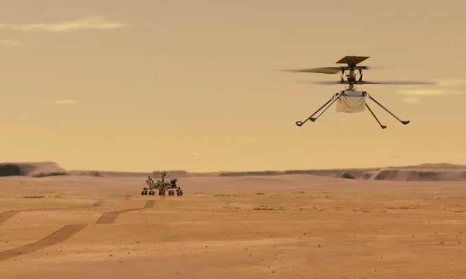 Illustration de l'hélicoptère Ingenuity de la NASA volant sur Mars. Photo : NASA