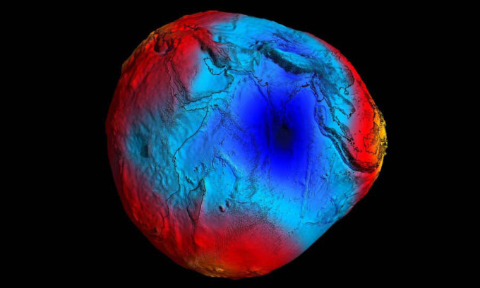 地球上の重力が弱い場所（緑）と強い場所（赤）を示す地図。画像：ESA/HPF/DLR