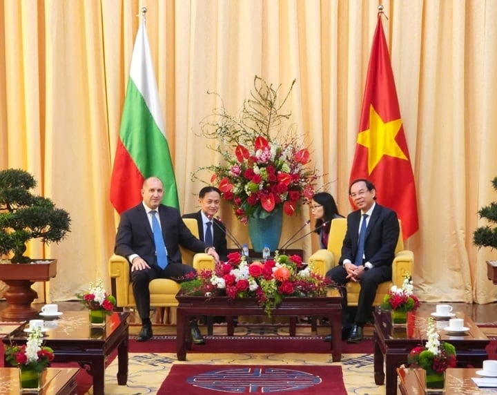 Ho Chi Minh City Party Secretary Nguyen Van Nen discusses with Bulgarian President Rumen Radev. (Photo: Tan Vi)